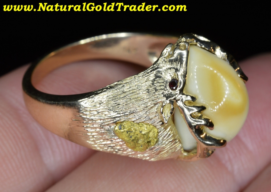 11.73 Gram Solid 14K Alaska Gold Nuggets Elk Ivory Ring